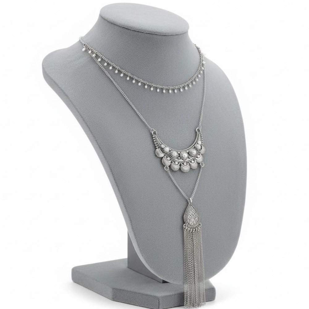 Elegant Long Silver Necklace with Tassels